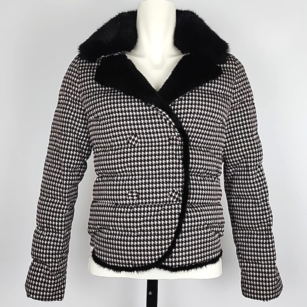 Fanlisy Down Jacket  Black White Houndstooth Button Up Faux Fur Collar Sz Small